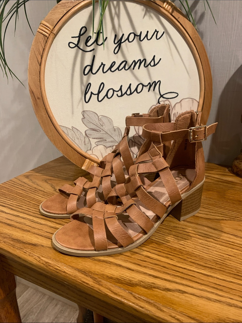 XOXO Cognac Strappy Block Heel Sandals